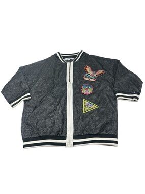 Navie Trouble Maker Shimmer Bomber Jacket‎ Black Silver Metallic Patches Large L